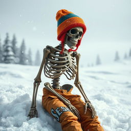 A decaying skeleton wearing a brightly colored ski cap, set against a cold, snowy backdrop