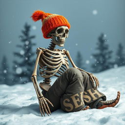 A decaying skeleton wearing a brightly colored ski cap, set against a cold, snowy backdrop