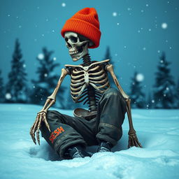 A decaying skeleton wearing a brightly colored ski cap, set against a cold, snowy backdrop