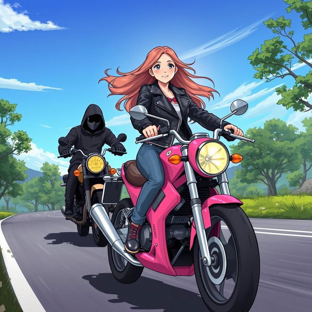 An illustration of a 19-year-old girl confidently riding a stylish pink motorcycle