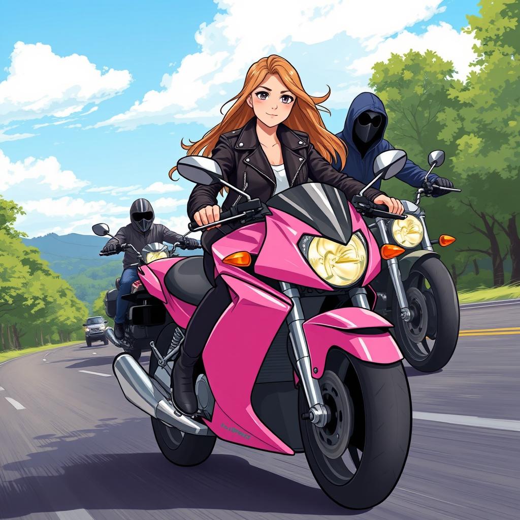 An illustration of a 19-year-old girl confidently riding a stylish pink motorcycle