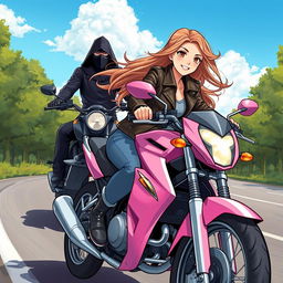 An illustration of a 19-year-old girl confidently riding a stylish pink motorcycle