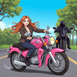 An illustration of a 19-year-old girl confidently riding a stylish pink motorcycle