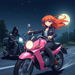 An illustration of a 19-year-old girl confidently riding a stylish pink motorcycle at night