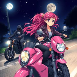 An illustration of a 19-year-old girl confidently riding a stylish pink motorcycle at night