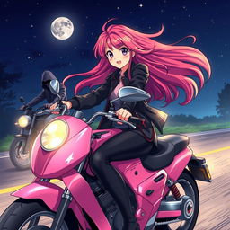 An illustration of a 19-year-old girl confidently riding a stylish pink motorcycle at night