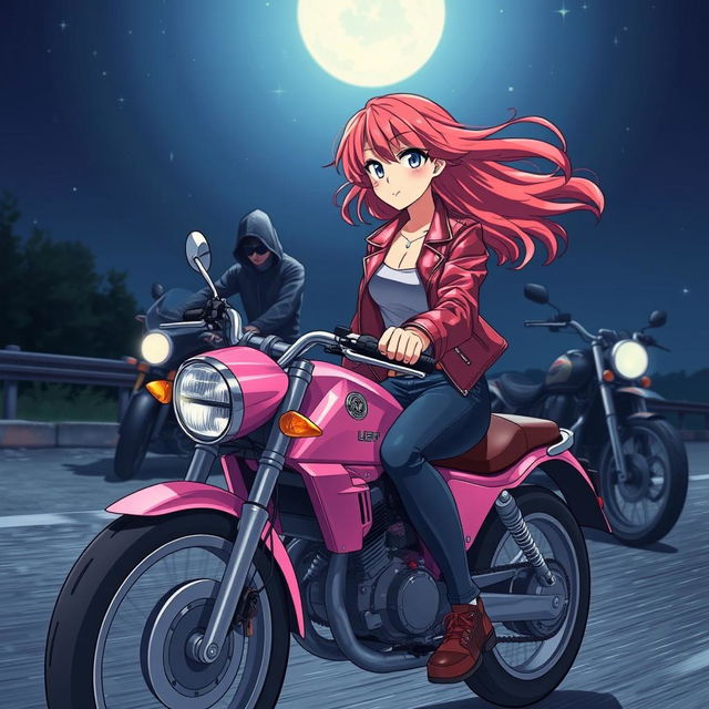 An illustration of a 19-year-old girl confidently riding a stylish pink motorcycle at night