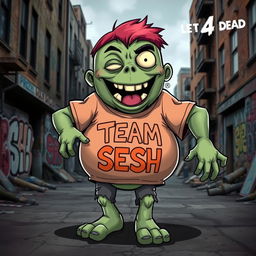 A cartoonish zombie character, known as the Boomer from the game Left 4 Dead, wearing a bright and colorful 'TEAM SESH' shirt