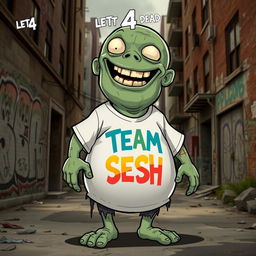 A cartoonish zombie character, known as the Boomer from the game Left 4 Dead, wearing a bright and colorful 'TEAM SESH' shirt
