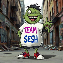 A cartoonish zombie character, known as the Boomer from the game Left 4 Dead, wearing a bright and colorful 'TEAM SESH' shirt