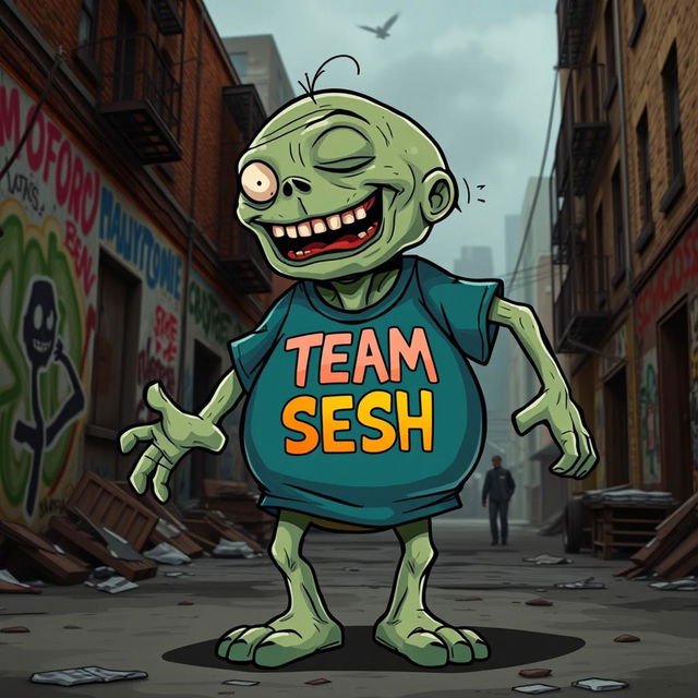 A cartoonish zombie character, known as the Boomer from the game Left 4 Dead, wearing a bright and colorful 'TEAM SESH' shirt