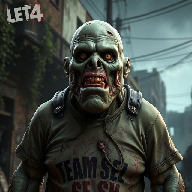 A realistic depiction of the Boomer from the game Left 4 Dead, portrayed as a grotesque zombie with detailed textures that emphasize its bloated form and greenish skin