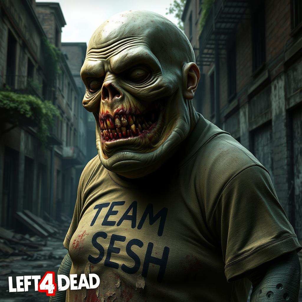 A realistic depiction of the Boomer from the game Left 4 Dead, portrayed as a grotesque zombie with detailed textures that emphasize its bloated form and greenish skin