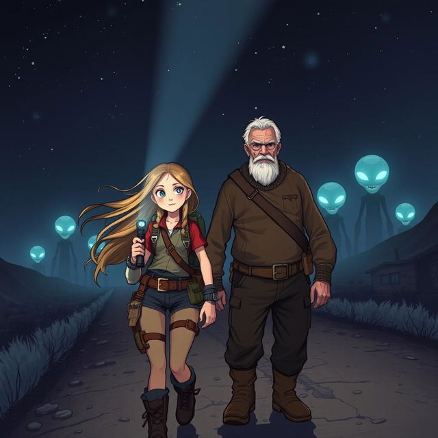 An illustration depicting a 19-year-old girl and an elderly man courageously facing extraterrestrial beings on a dark, deserted road