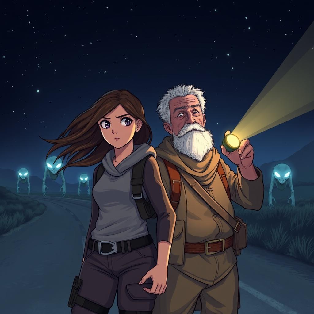 An illustration depicting a 19-year-old girl and an elderly man courageously facing extraterrestrial beings on a dark, deserted road