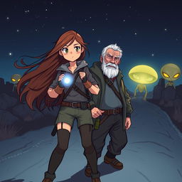 An illustration depicting a 19-year-old girl and an elderly man courageously facing extraterrestrial beings on a dark, deserted road