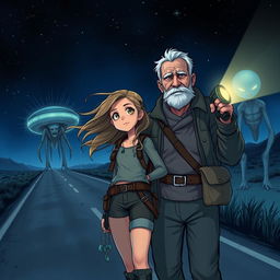 An illustration depicting a 19-year-old girl and an elderly man courageously facing extraterrestrial beings on a dark, deserted road