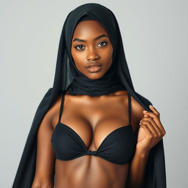 A young adult Muslim woman with medium brown skin wearing a stylish burka that artfully contrasts with a small two-piece bikini underneath