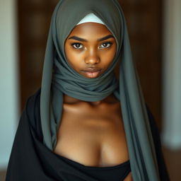 A young adult Muslim woman with medium brown skin wearing a stylish burka that artfully contrasts with a small two-piece bikini underneath