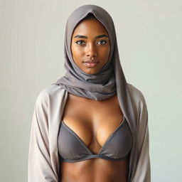A young adult Muslim woman with medium brown skin wearing a stylish burka that artfully contrasts with a small two-piece bikini underneath