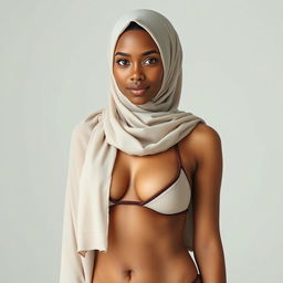 A young adult Muslim woman with medium brown skin wearing a stylish burka that artfully contrasts with a small two-piece bikini underneath
