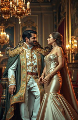 A stunning portrait of a prince and a beautiful singer, both dressed in extravagant, royal attire