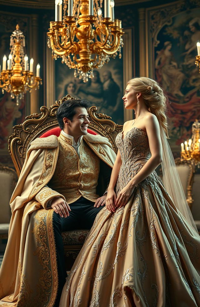 A stunning portrait of a prince and a beautiful singer, both dressed in extravagant, royal attire