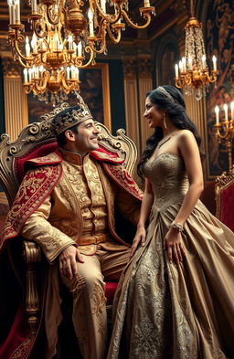 A stunning portrait of a prince and a beautiful singer, both dressed in extravagant, royal attire