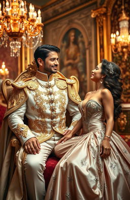 A stunning portrait of a prince and a beautiful singer, both dressed in extravagant, royal attire