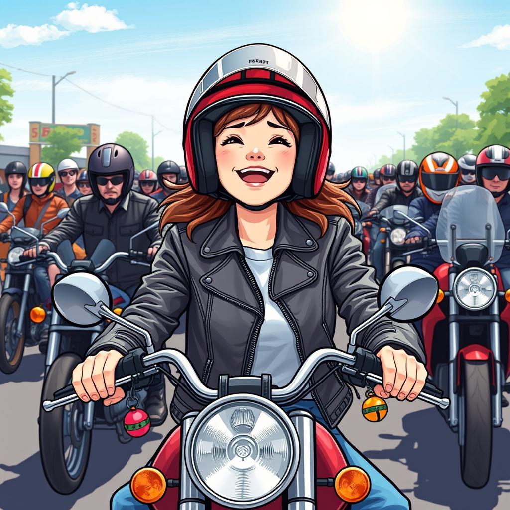 An illustration of a 19-year-old girl joyfully participating in a motorcycle parade, surrounded by various motorcyclists