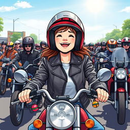 An illustration of a 19-year-old girl joyfully participating in a motorcycle parade, surrounded by various motorcyclists