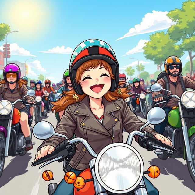 An illustration of a 19-year-old girl joyfully participating in a motorcycle parade, surrounded by various motorcyclists