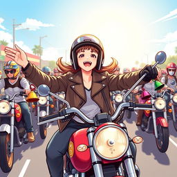 An illustration of a 19-year-old girl exuberantly riding in a motorcycle parade, surrounded by a group of various motorcyclists