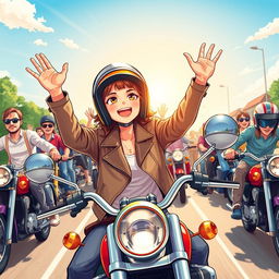 An illustration of a 19-year-old girl exuberantly riding in a motorcycle parade, surrounded by a group of various motorcyclists