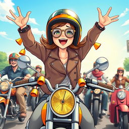An illustration of a 19-year-old girl exuberantly riding in a motorcycle parade, surrounded by a group of various motorcyclists