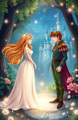 A romantic scene depicting the love story between two worlds, captured in an enchanting fantasy setting