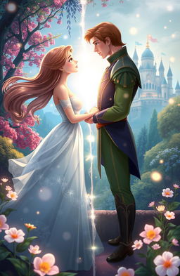 A romantic scene depicting the love story between two worlds, captured in an enchanting fantasy setting
