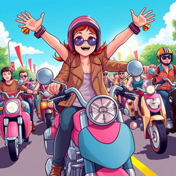 An illustration of a 19-year-old girl enthusiastically riding a pink motorcycle in a lively motorcycle parade, surrounded by a variety of motorcyclists
