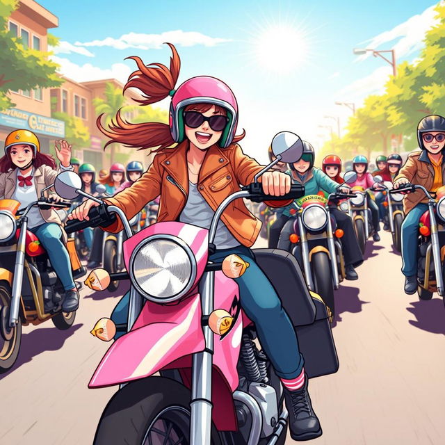 An illustration of a 19-year-old girl enthusiastically riding a pink motorcycle in a lively motorcycle parade, surrounded by a variety of motorcyclists