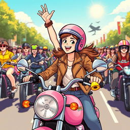 An illustration of a 19-year-old girl enthusiastically riding a pink motorcycle in a lively motorcycle parade, surrounded by a variety of motorcyclists