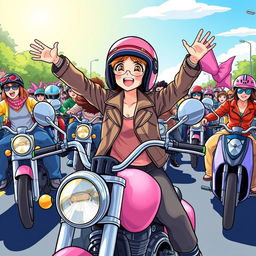 An illustration of a 19-year-old girl enthusiastically riding a pink motorcycle in a lively motorcycle parade, surrounded by a variety of motorcyclists