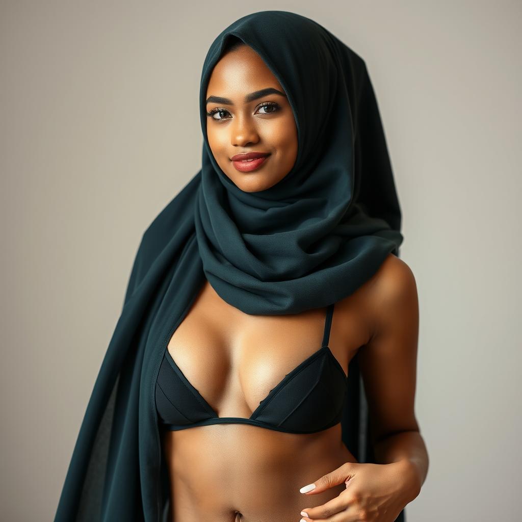 A young adult Muslim woman, 18 years old, with light medium brown skin, wearing a beautifully styled burka that contrasts with her small two-piece bikini