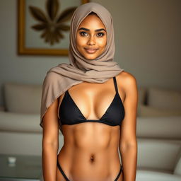 An 18-year-old Muslim woman with light medium brown skin, elegantly wearing a burka that complements her small slingshot bikini