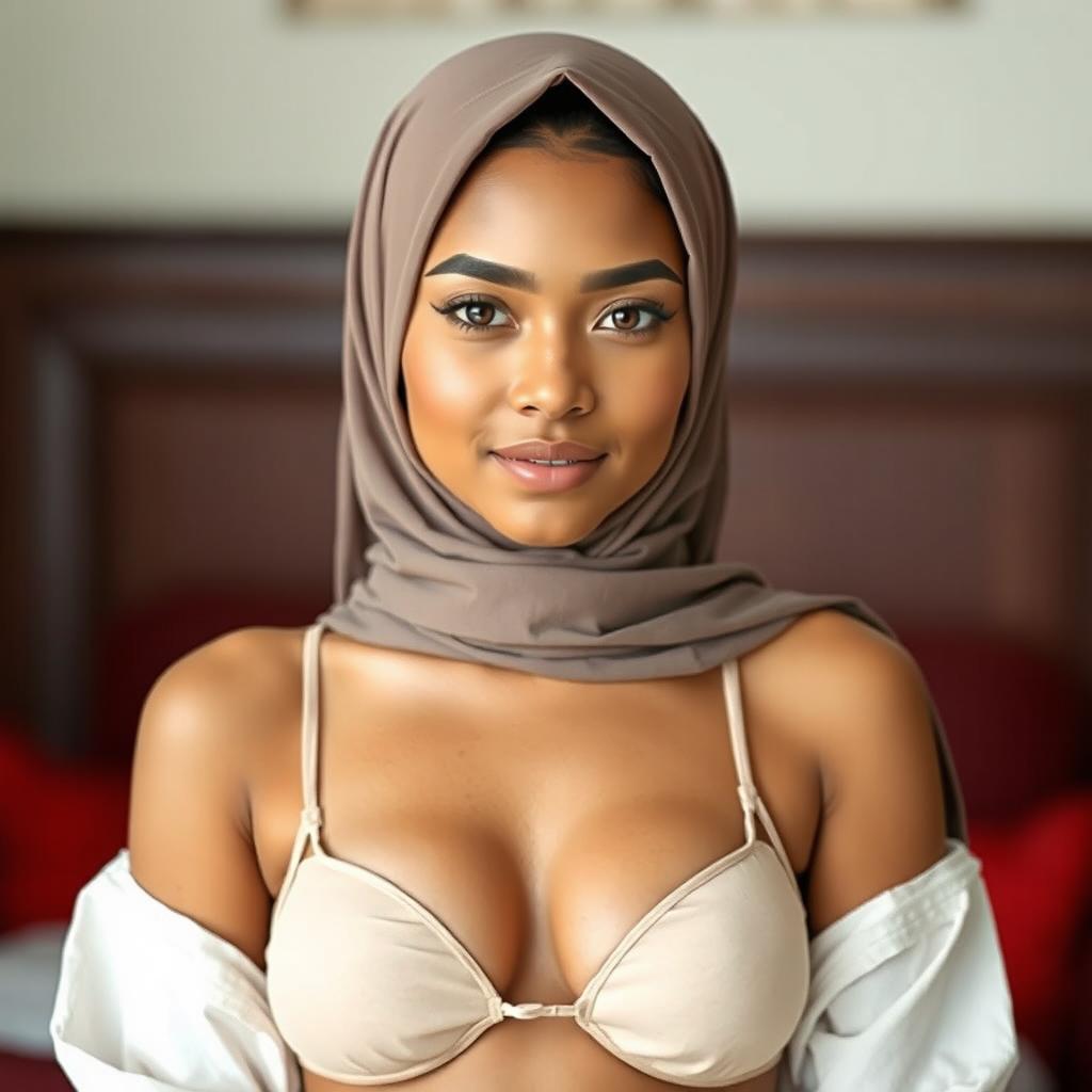 An 18-year-old Muslim woman with light medium brown skin, elegantly wearing a burka that complements her small slingshot bikini