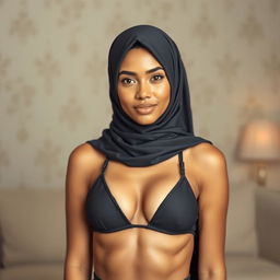 An 18-year-old Muslim woman with light medium brown skin, elegantly wearing a burka that complements her small slingshot bikini
