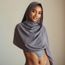 An 18-year-old Muslim woman with light medium brown skin, elegantly wearing a burka that complements her small slingshot bikini
