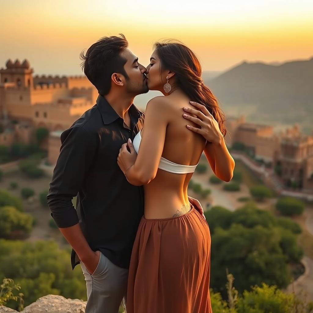 A sensual scene set at a breathtaking Rajasthani fort featuring Nushrat Bharucha wearing a low waist chiffon short skirt