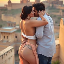 A sensual scene set at a breathtaking Rajasthani fort featuring Nushrat Bharucha wearing a low waist chiffon short skirt