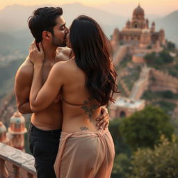 A sensual scene set at a breathtaking Rajasthani fort featuring Nushrat Bharucha wearing a low waist chiffon short skirt