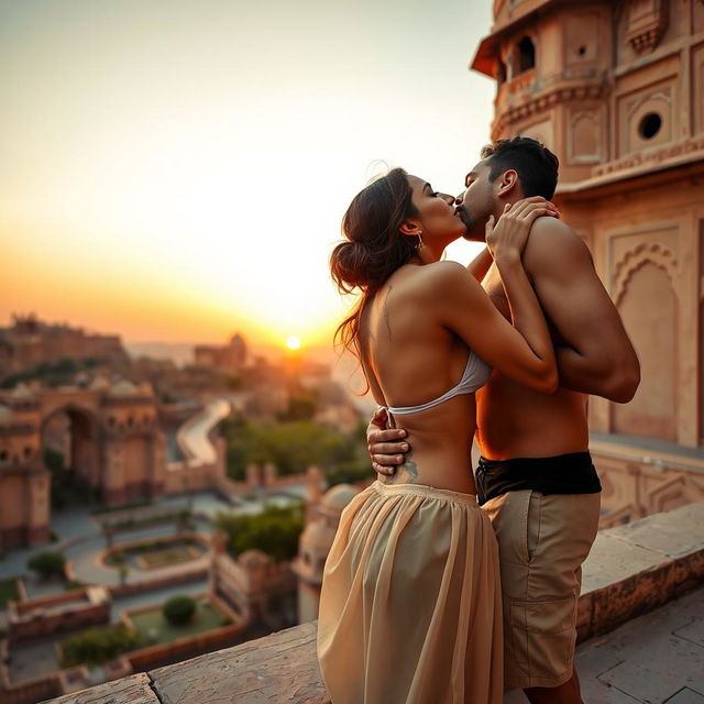 A sensual scene set at a breathtaking Rajasthani fort featuring Nushrat Bharucha wearing a low waist chiffon short skirt